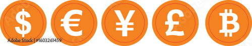 Currency coin icons, dollar, euro, yen, pound, bitcoin symbols, orange vector money signs, financial illustration, international economy, crypto and fiat currency design