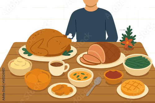 A traditional Christmas feast with family and friends gathered around the table