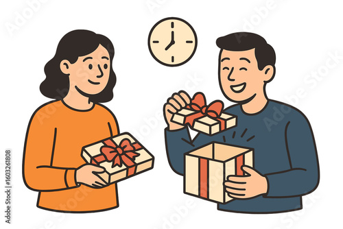Vector illustration set depicting online celebration abstract concepts, including gift-opening parties, sharing gifts virtually, greeting cards, guest invitations, unpacking presents, cameras, and