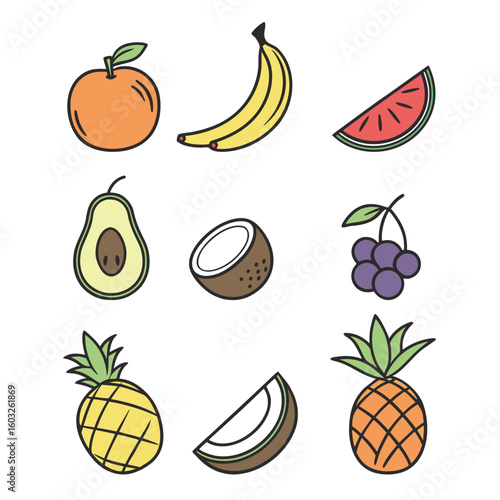 Set of Fresh Fruits and Vegetables in Vector Illustration Style