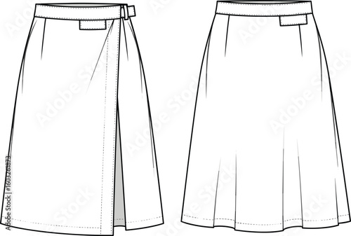 Skirt fashion flat sketch, technical drawing of wrap and pleated skirts, clothing design template, garment illustration, apparel outline, sewing pattern, vector style