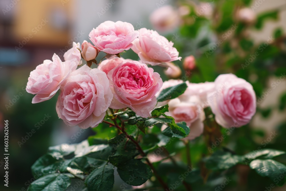 Lovely pastel pink roses Stems and petals Large flowers in the urban garden Green foliage and new growth with selective focus Lovely pastel pink roses Stems and petals Large flowers in the urban garden Green foliage and new growth with selective focus