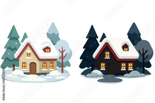 Vector flat illustration of a winter house, summer house, and family suburban home