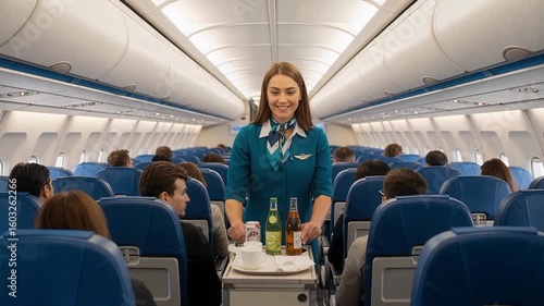 Smiling flight attendant pushing service cart through airplane cabin while checking on seated passengers during flight