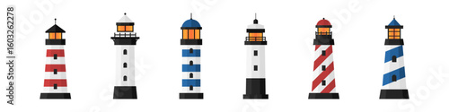 Lighthouse icon. Isolated lighthouse vector set. Landmark for sea navigation. Sea navigation shore mark. Light house onshore. Lighthouse set in flat design.
