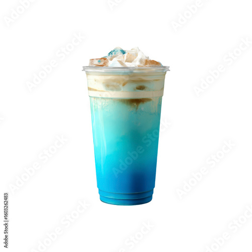 Refreshing Blue Ocean Dream Cold Drink in Plastic Cup with Whipped Cream and Ice