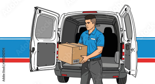 Delivery service with man unloading box from van. Efficient delivery service includes courier holding package inside delivery vehicle, with open doors for easy access.