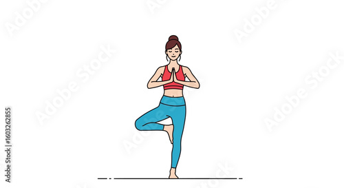 Serene illustration of a woman in a balanced yoga tree pose, embodying mindfulness, strength, and inner peace for holistic health and a tranquil lifestyle.
