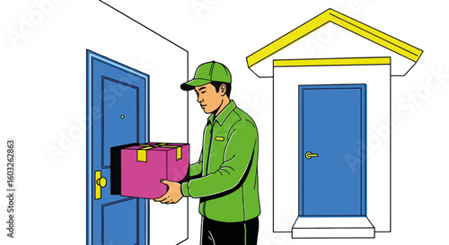 Delivery service showing a delivery person in green uniform at door with package. Delivery shows quick service, standing in front of bright house. Concept delivery service for neighborhood,