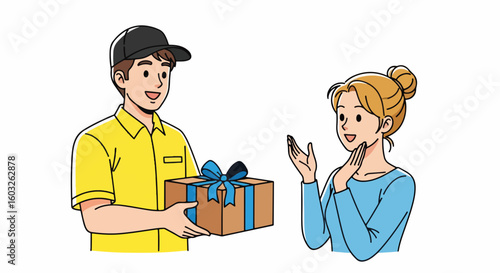Fast delivery service illustration with male courier handing package to woman recipient, depicting delivery service. Express delivery service, timely service.