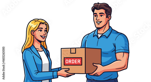 Delivery concept with woman receiving package from courier for easy shipping. Order delivery completed successfully with happy customer and professional service. Consider order delivery for simple,