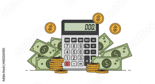 Financial planning and accounting concept illustrated with a calculator surrounded by dollar banknotes and stacks of gold coins.