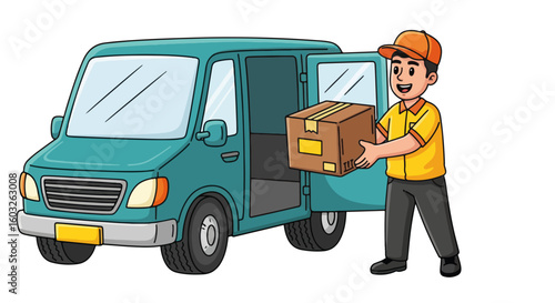 Delivery service with a smiling courier and van. The delivery service worker carries a package to expedite shipping. Concept of delivery service for convenience and fast shipment.