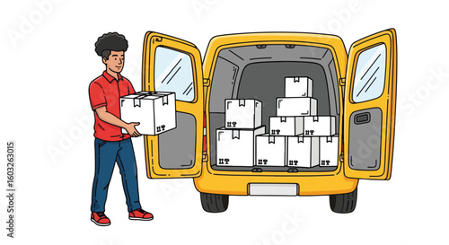 Delivery service, man loading boxes into yellow van for shipping. Delivery includes boxes stacked inside vehicle and worker in red shirt carrying package.