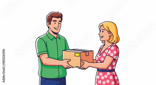 Home delivery service with man handing box to woman in doorway for secure shipment. Delivery service includes safe transport: happy customer receiving parcel from courier at home.