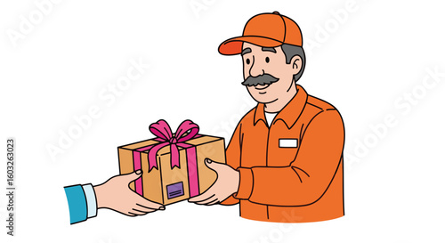 Fast delivery, a package being handed to a recipient by a delivery man. Delivery service ensuring promptness and care in every shipment, illustrated by delivery employee with box.