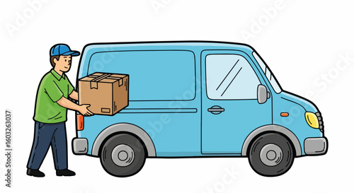 Man carries package near delivery van, preparing for shipment. Delivery concept illustrates worker loading carton in vehicle, showing logistics chain. Consider delivery in commercial illustrations,