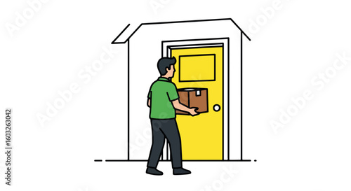 Delivering package at door with delivery professional carrying parcel to recipient, doorstep delivery. Doorstep delivery provides convenience and safety.
