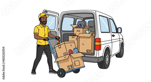 Delivery service, illustration of delivery service worker unloading boxes from van. Delivery service worker wearing uniform, boxes loaded on trolley, is engaged in cargo delivery.