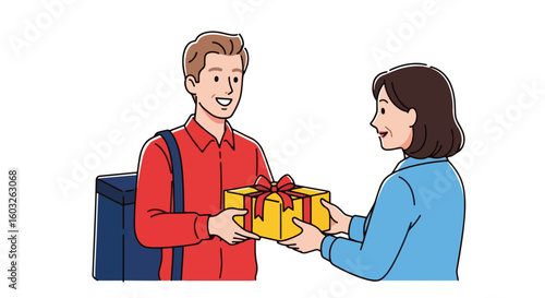 Gift delivery service featuring delivery man handing present to customer. Delivery service ensures timely present delivery. Delivery service guarantees safe arrival and customer satisfaction.