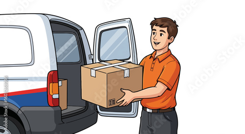 Delivery service with man carrying cardboard box to white delivery van. Delivery includes carton containers and package being loaded into auto for shipment.