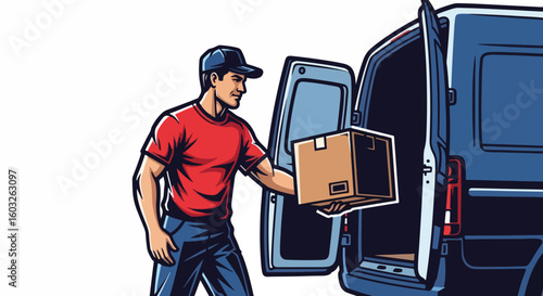 Delivery service illustration shows worker carrying cardboard box from open van for delivery. Delivery service provides efficient and reliable transportation, ensuring packages arrive on time.