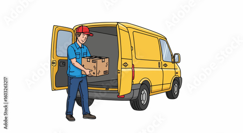 Delivery service is depicted with delivery person unloading packages from yellow van. Delivery service shows delivery person with red cap.