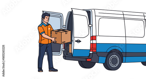 Delivery service with courier loading cardboard boxes into van, showcasing convenience and speed. Delivery service logistics include secure packing and efficient transportation of goods.