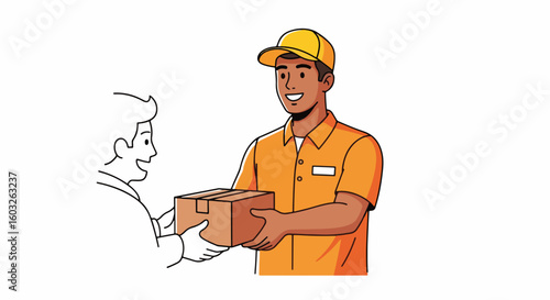 Delivery courier handing package to client. Courier delivering parcel in cardboard box, with customer accepting purchase. Concept delivery service, fast shipping, and convenient order fulfillment.