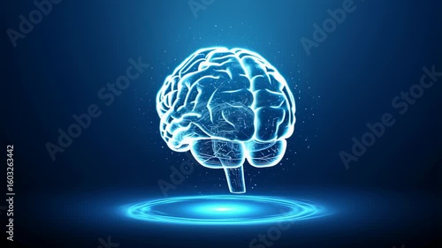 Glowing brain hologram on a dark blue background with energy ring