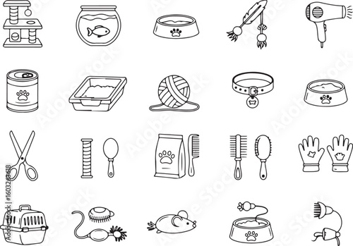 Cat Tree, Pet Carrier, Grooming Tools, Fish Bowl, Pet Toys, Scissors, Brush, Yarn Ball, Collar, Food Bowls, Litter Box, High Quality Icons