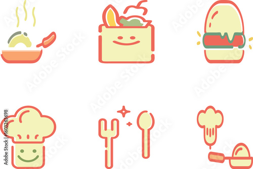 Vector art of set of six flat design food and cooking icons