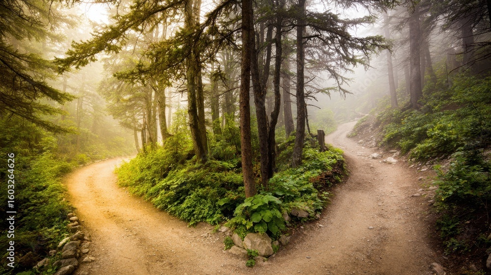 Fototapeta premium A misty forest with diverging paths, bathed in golden light filtering through trees.