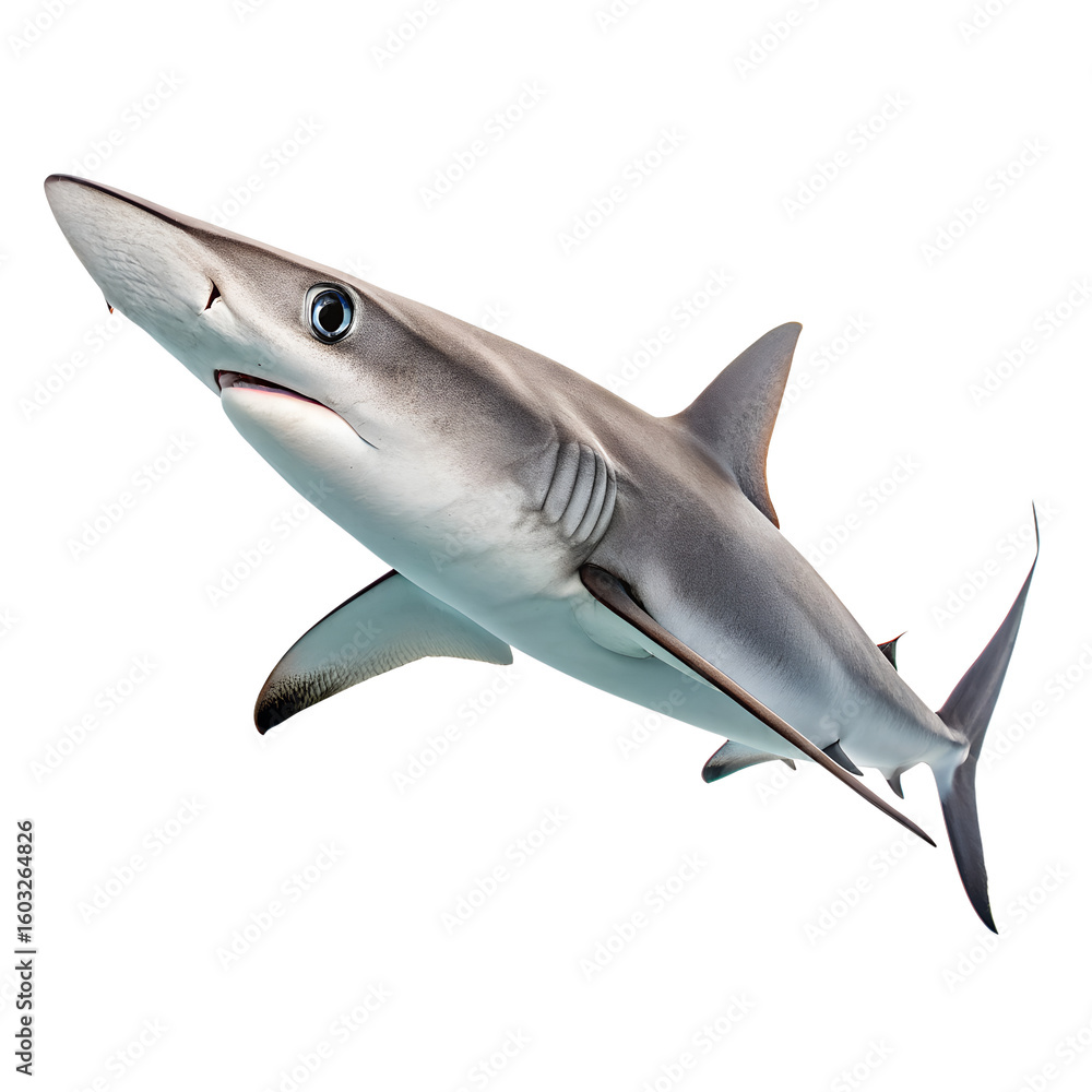 Obraz premium A sleek, gray shark swims gracefully in deep water. Its streamlined body and sharp fins are clearly visible against a dark background.