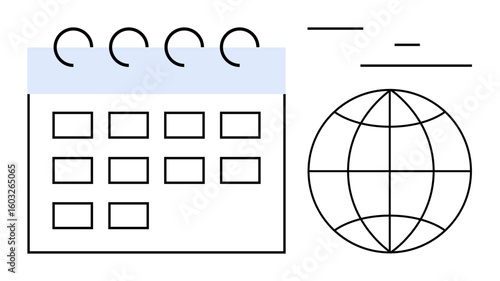 Minimalist calendar and globe with simple graphical lines, representing global scheduling, time management, deadlines, event coordination. Ideal for business, travel, productivity, planning concepts