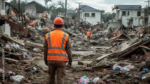 Workers survey destruction after a natural disaster, focusing on safety and recovery efforts in a devastated residential area.