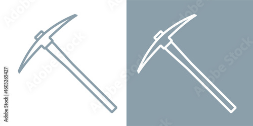 Pickaxe icon. Symbol of work, extraction, or mine. Attribute of a quarry, miner, or worker. Hand-held impact tool for gold or ore mining.