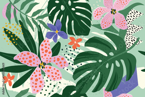 Modern exotic jungle fruits and plants illustration in vector.