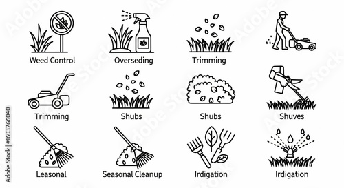 Lawn Care Service Line Icon Set – Weed Control, Trimming, Irrigation, Shrubs, Leaves Removal, Cleanup Vector


