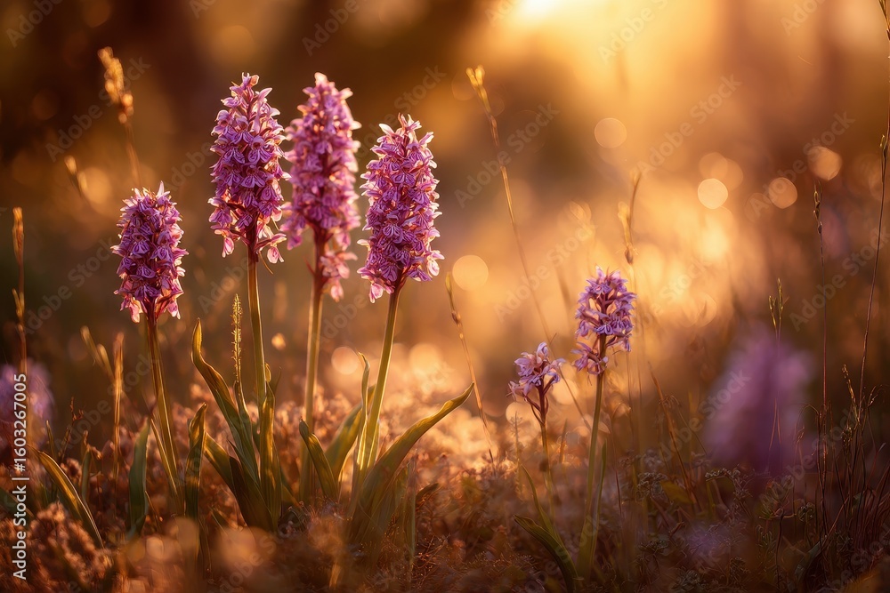 Obraz premium Enchanting image of peaceful wild orchids flourishing in Andalusia s natural scenery featuring a bright out of focus backdrop