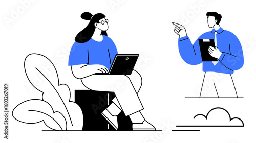 Woman focusing on laptop while seated next to plants, man pointing with clipboard in hand. Ideal for teamwork, communication, collaboration, productivity, workplace conversation, remote work
