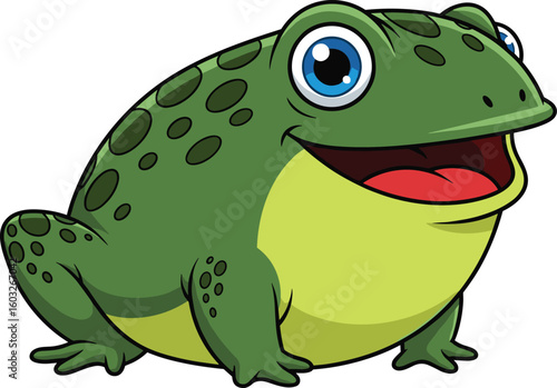 Adorable cartoon frog character, bright green color, big blue eyes, cheerful expression, playful amphibian illustration, children’s educational vector image