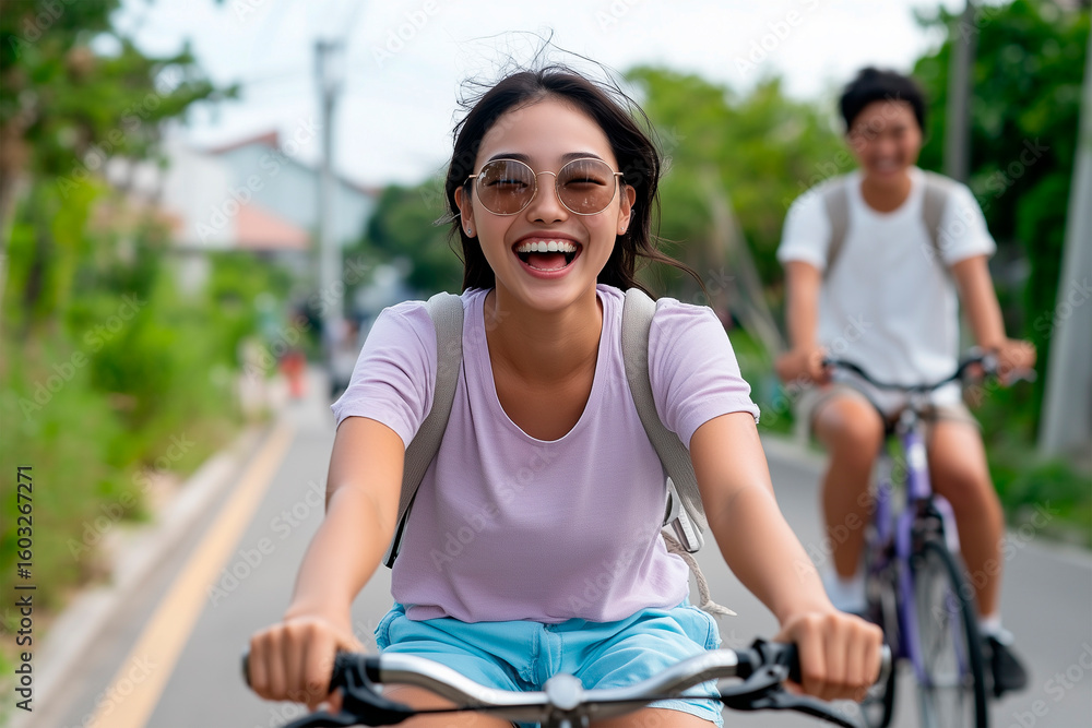 Obraz premium Young Asian couple riding bicycles, smiling and euphoric