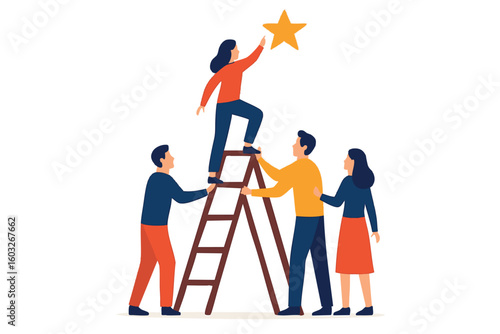 Flat vector group standing on ladder helping one person reach a star, symbolic teamwork, isolated on white