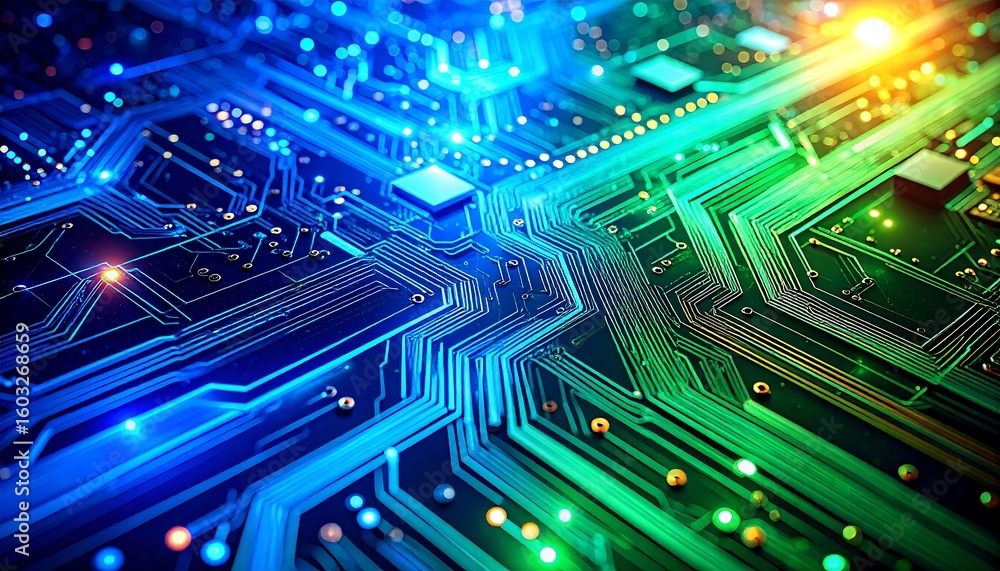 Obraz premium Close-up of vibrant circuit board with glowing pathways