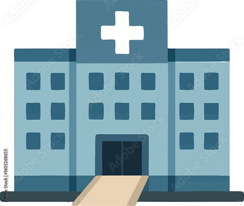 Flat vector hospital building with cross symbol and entrance ramp, isolated on white