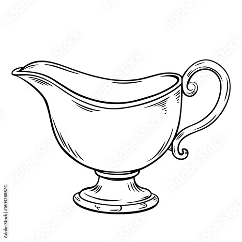 Elegant gravy boat with handle in traditional design outline  
