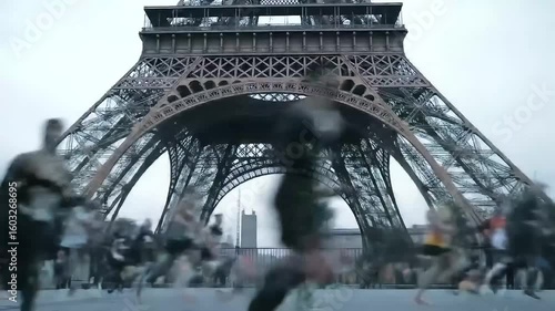 Runners race Paris Tower backdrop