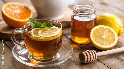Warm honey lemon tea with fresh citrus and mint