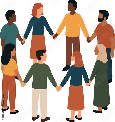Flat vector illustration of diverse group of people standing in a circle, holding hands, isolated on white